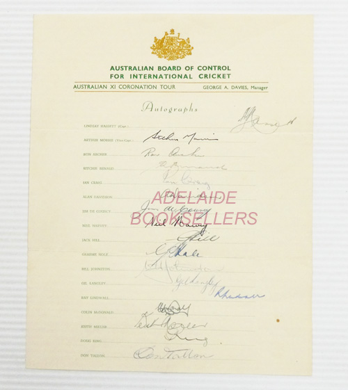 An Official Australian Board of Control for International Cricket Autograph Sheet for the Australian XI Coronation Tour [1953]